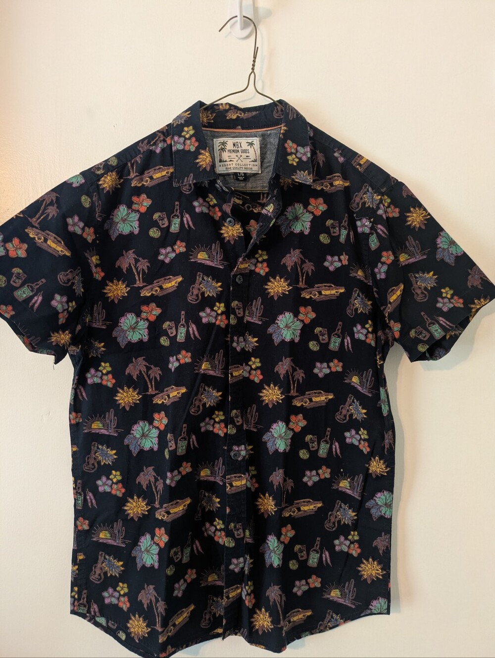 Black Tropical Motif Short Sleeve Button-Up Shirt